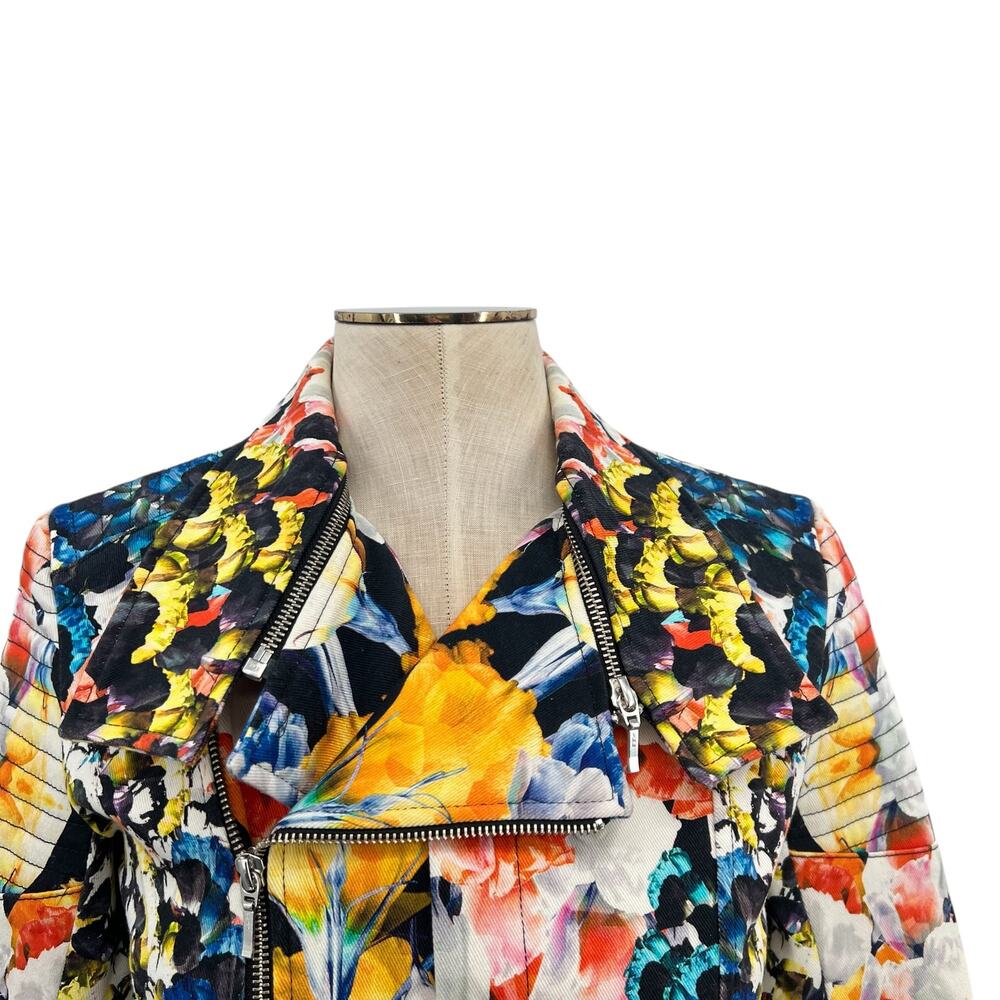 Nicholas Digi Floral Moto Jacket‎ Cotton Blend Leather Trim Multicolor US 4 - Picture 4 of 16